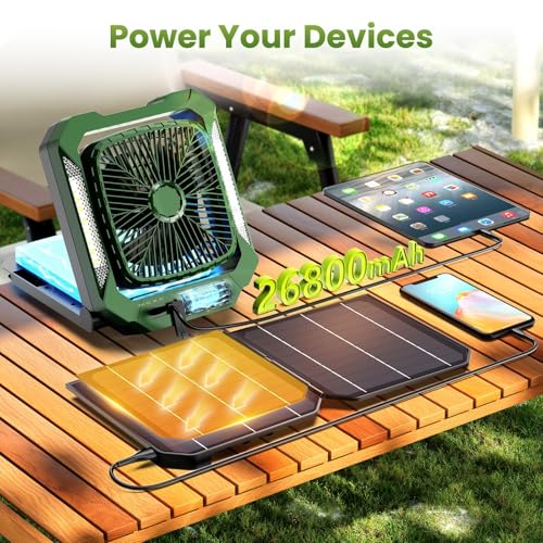 26800mAh Portable Fan Rechargeable with 18W Detachable Solar Panel, Quiet Battery Powered Camping Fan Cordless with LED La...