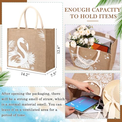 Coume 6 Pack Beach Burlap Tote Bags Bulk Large Beach Jute Tote Bag with Handles 14.2" x 12.6" x 7.5" for DIY Bridesmaid Gi...