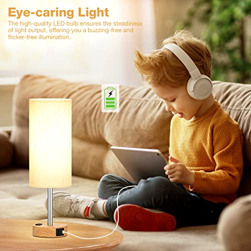 Fenmzee Bedside Table Lamp for Bedroom - 3 Way Dimmable Touch Lamp USB C Charging Ports and AC Outlet, Small Lamp Wood Bas...
