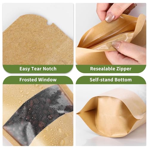 50 Pcs 4x6 Inch Kraft Paper Bags with Transparent Window, Stand Up Pouches,Smell Proof Bags,Resealable Bags for Small Busi...