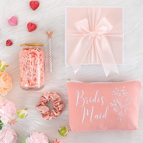 Umigy Bridesmaid Glass Cup Gift Box Set of 5 Include Glass Cup with Lid Makeup Bag Scrunchies Hair Ties Diamond Ballpoint ...