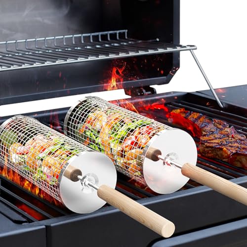 ivtivfu Rolling Grill Basket, Removable Wooden Handle, 304 Stainless Steel, Nesting BBQ Tools, Smoker Grilling Accessories...