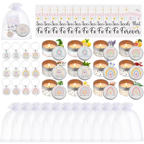 MTLEE 48 Pcs Teacher Appreciation Gifts Set: Scented Soy Wax Candle, Keychain, Thank You Card & Gift Bag for Teacher