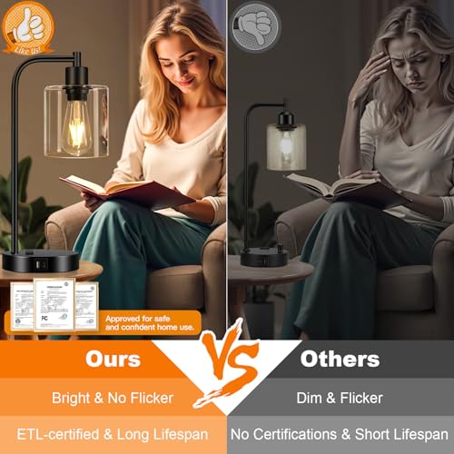 Set of 2 Industrial Touch Control Table Lamps with USB C+A Ports and AC Outlet - 3-Way Dimmable Black Bedside Lamps Nights...