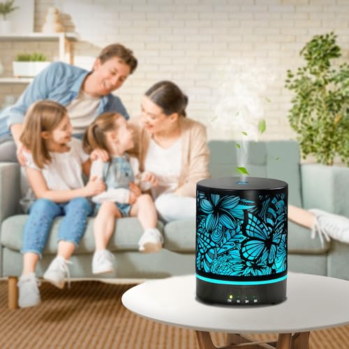 Essential Oil Diffusers 300ML Metal Aromatherapy Oil Diffusers for Large Room,Butterflies & Flower Ultrasonic Cool Mist Di...