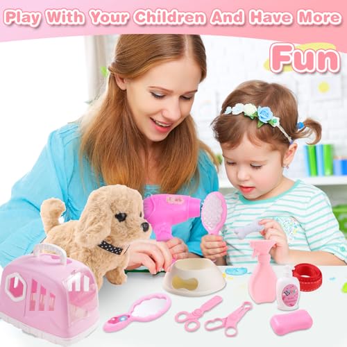 Volmop 14PCS Dog Toys for Kids, Walking Barking Electronic Interactive Plush Puppy Toy with Carrier and Accessories, Pet C...