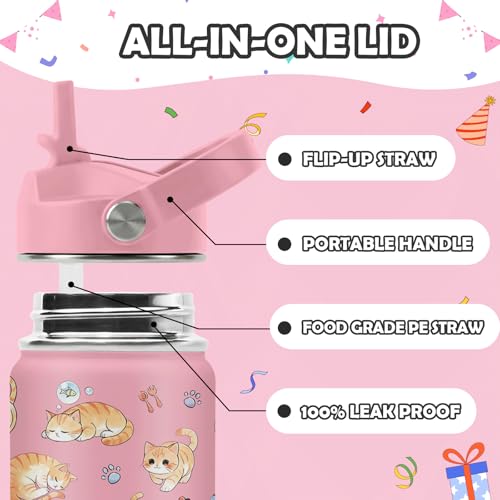 ROVOZAR Cat Water Bottle for Girls - 16oz Cat Stainless Steel Water Bottle with Straw - Cute Cats Insulated Cup - Pink Cat...