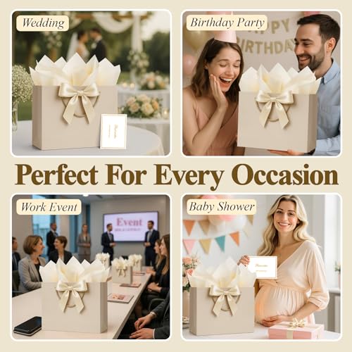 ANZNKU Gift Bags Medium with Handles with Ribbon Card and 2 Tissue Paper, 1 Pcs Cute Champagne Beige Paper Gift Wrap Bag f...