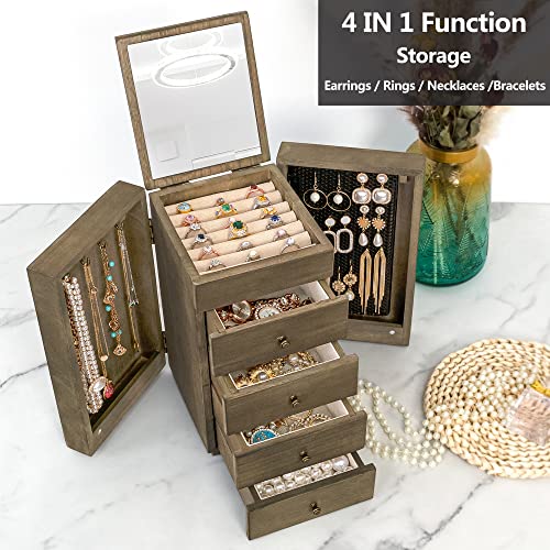 Meangood Jewelry Box Wood for Women, 5-Layer Large Organizer Box with Mirror & 4 Drawers for Rings, Earrings, Necklaces, V...
