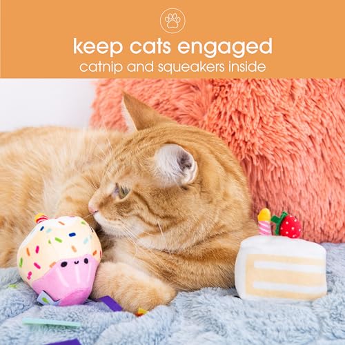 Pearhead Happy Birthday Cake Cat Toy Set, Stuffed Birthday Cake and Cupcake Cat Toys with Catnip and Squeakers, Interactiv...