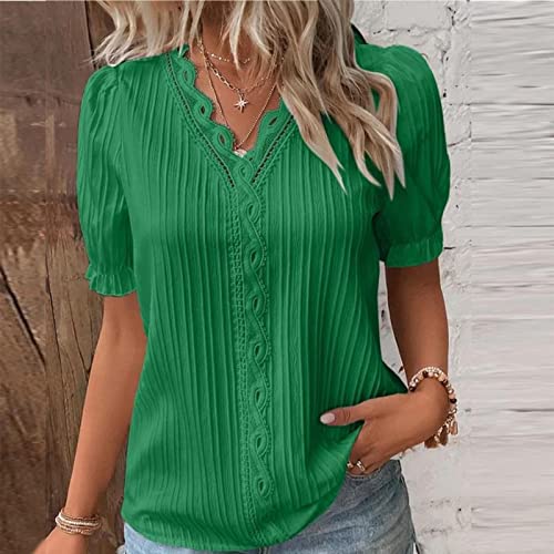 Women Summer Lace V Neck Plain Lace Elegant Shirt Fashion Solid Color Elegant Blouse Short Sleeve Plus Size Scrub Tops