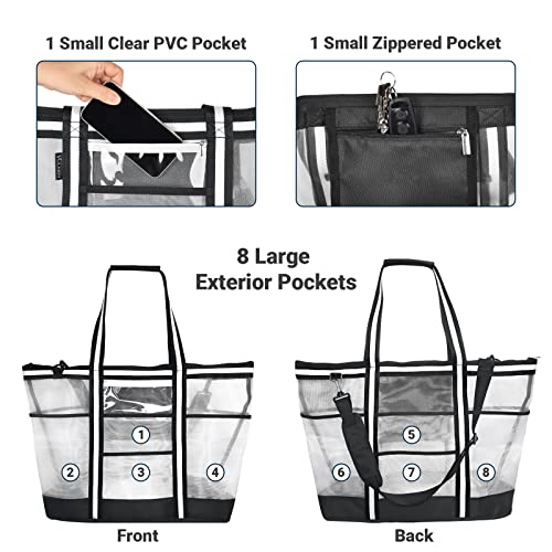 Vulken 42L Extra Large Mesh Beach Bag. 9 Pockets Top Zip Tote Bag Shoulder Bag