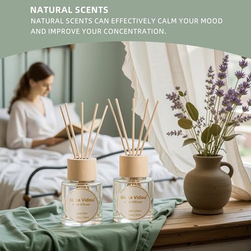 Binca Vidou Reed Diffuser Set Lavender & Linen Natural Scent Theme Oil Diffusers with Sticks for Home Office Bathroom Arom...