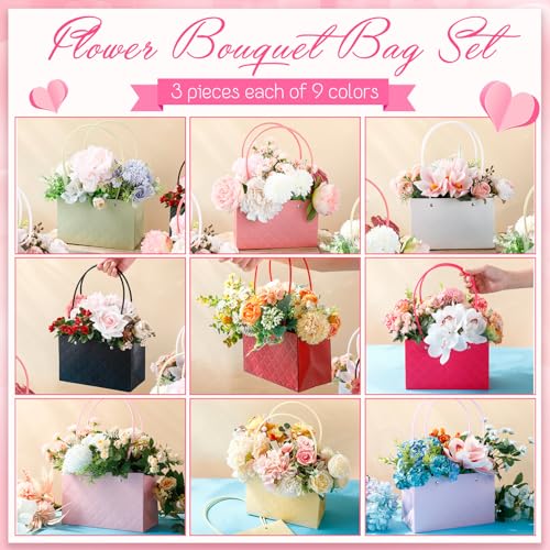 TaoBary 27 Pcs Flower Boxes for Arrangements Floral Gift Bouquet Bags Waterproof Kraft Paper Purse with Handles for Valent...