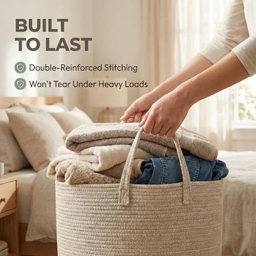 JMvicyroam 65L Extra Large Blanket Basket for Living Room - Woven Cotton Rope Laundry Hamper with Reinforced Handles - Sto...