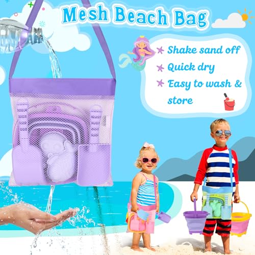 Collapsible Beach Toys for Kids, 3 Pack Foldable Sand Buckets and Shovels Set with Mesh Bag, Silicone Pails Shovels Molds,...