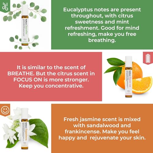Benatu Essential Oil Blends Set (Breathe, Focus on, Happiness), Natural Aromatherapy Roll On for Massage, Body Skin Care, ...