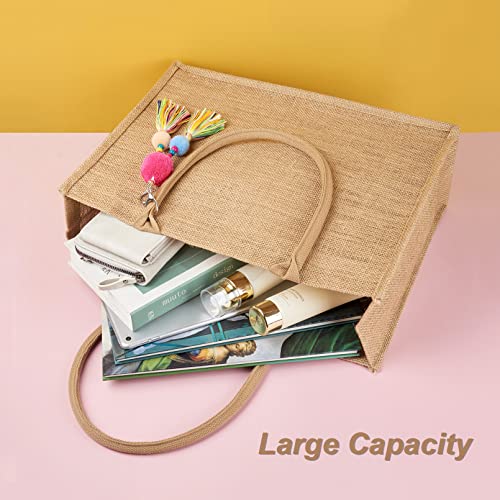 FITDON Jute Canvas Tote Bag Women - Large Jute Beach Bag, Foldable Waterproof Shopping Handbag for Picnic Travel Beach