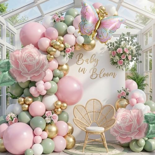 Spring Flower Balloon Garland Kit - 117Pcs Green Pink Gold Arch with Flower & Butterfly Foil Balloons | Baby in Bloom, But...