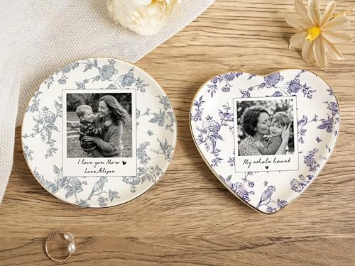 Custom Photo Heart Ceramic Jewelry Dish Personalized Toile Floral Ring Holder Tray Unique Mother’s Day Keepsake For Mom Gr...
