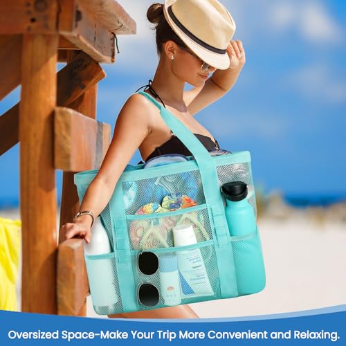 Ymomode Beach Bag - Mesh Beach Bag Large 8 Pockets, Beach Tote Bag Beach Essentials for Vacation Must Haves