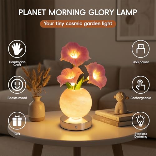 SXDLED Pink Morning Glory Lamp – Rechargeable Wireless Touch-Control Dimmable Faux Flower Desk Light, LED Glass Planet Vas...