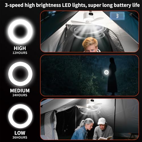 geonfi Camping Fan 10400mAh Battery Operated, USB Rechargeable Tent Fan with Remote Control,3 Detachable Blades, LED Ligh...