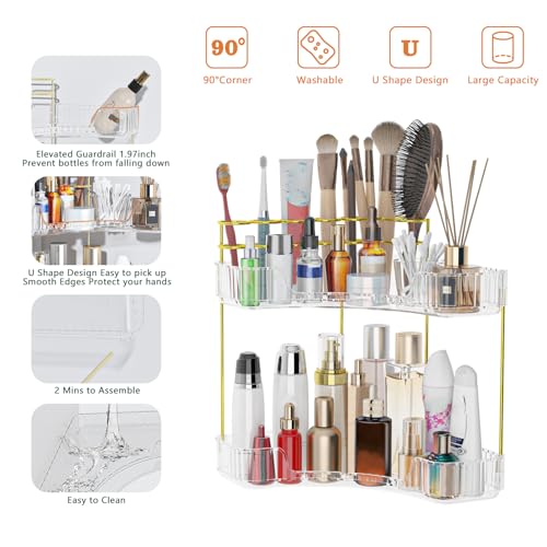 Webetop Corner Makeup Organizer for Vanity, 2 Tier Bathroom Cosmetics Organizer Countertop with Make up Brush Holder Corne...