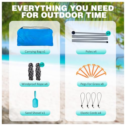 Beach Canopy Beach Tent 11X11 FT 6 Sandbags 4 Stability Poles Beach Shade Canopy UPF50+ Sun Protection Extra Windproof Rop...