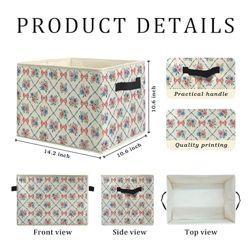 ROXMART Pink and Blue Bow Floral Storage Bin Box, Coquette Preppy Ribbon Bow Flower Collapsible Storage Basket Organizer f...