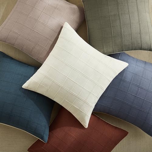 ZeeMart Linen Checked Throw Pillow Covers Set of 2, 18x18 Inch Blue/Cream, Farmhouse Decorative Single Sided Grid Embroide...