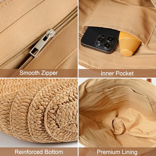 Pleneal Straw Beach Bags for Women - Women Beach Handmade Woven Tote Bag, Summer Mesh Hollow Shoulder Bag for Holiday