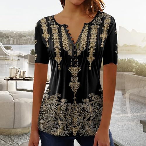 SMIDOW Summer Tops for Women 2026 Trendy Boho Floral Print Tunic Shirts Short Sleeve Button v Neck Tshirt Casual Loose Blouse