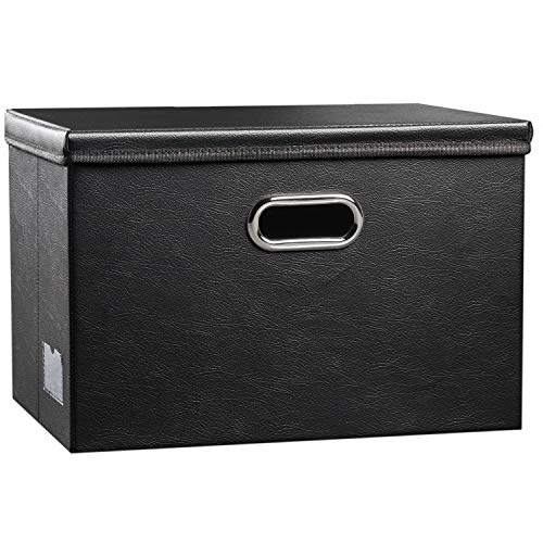 PRANDOM Large Collapsible Storage Bin with Lid [1-Pack] Leather Fabric Foldable Storage Box Organizer Containes Basket Cub...