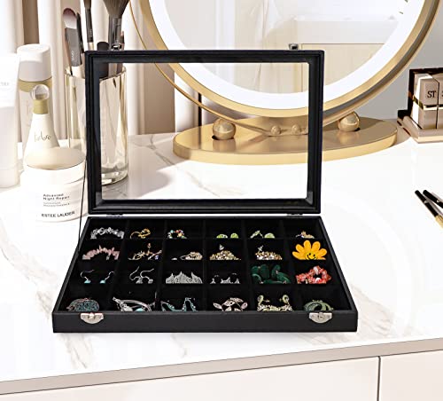 Wudygirl Jewelry Organizer Clear Lid 24 Grid Jewelry Box Case Organizer Showcase Display Jewelry Tray Removable Black Velv...