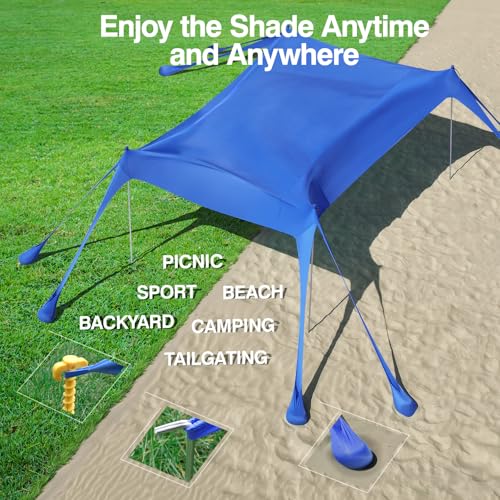Rhino Valley Beach Tent Shade Canopy UPF50+ Protection, 8 Sandbags, 4 Stability Poles, Outdoor Sun Shelter Umbrella for Sa...