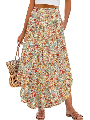 ANRABESS Women's Maxi Skirts Summer Boho Floral High Waisted Flowy Swing Pleated Beach Long Skirt with Pockets