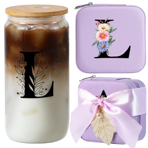 AYGXU Glass Cups with Bamboo Lids and Straws, 16oz, Small Travel Jewelry Case, Initial Glass Cup, Travel Jewelry Organize...