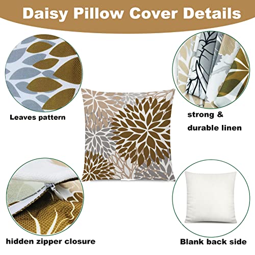 COMMINY Brown Grey Pillow Covers 18x18 Set of 6 Decorative Daisy Flower Throw Pillow Cover for Couch Modern Coffee Pillow ...