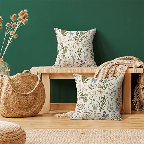 AEIOAE Spring Pillow Covers 18x18 Inch Set of 2,Sage Green Wild Flower Plant Throw Pillows Case,Seasonal Floral Outdoor De...