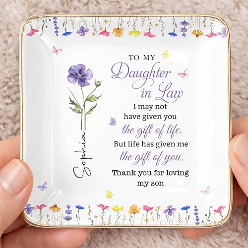 ALMAGEMSUS Personalized Daughter In Law Jewelry Dish, Birth Floral Ceramic Trinket Dish, Ring Holder Tray, Sentimental Gif...