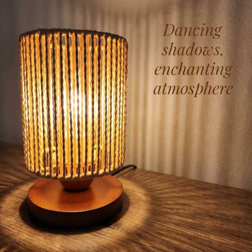 DKCONONY Small Rattan Table Lamp for Bedroom, Boho Bedside Lamp with Warm LED Bulb, Handwoven Wicker Nightstand Lamp for N...