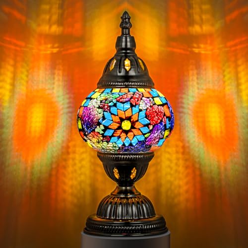 Marrakech Turkish Table Lamp with Bronze Base，Handmade Colorful Moroccan Tiffany Style Mosaic Glass Night Stand Light Fixt...