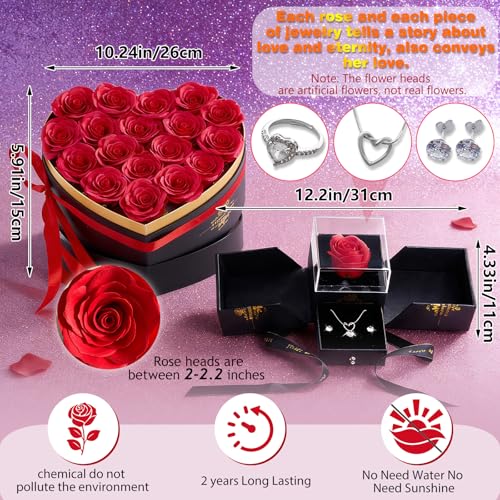 Gifts for Women Artificial Forever Flowers Box & Preserved Roses with Necklace Ring Earrings,Gifts for Her Girlfriend Mom ...