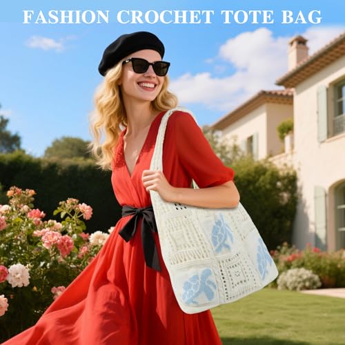 Topdear Crochet Tote Bag for Women, Aesthetic Crochet Mesh Beach Tote Bag, Summer Vacation Knitted Bag for Women Shoulder
