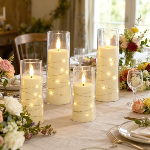Raycare Flameless Candle with Remote Timer – 9 Flickering Acrylic Battery Operated LED Pillar Candles with Embedded Star S...