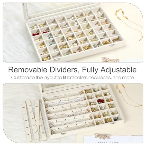 DUNPUTE Velvet Jewelry Organizer Storage Tray, 48 Grid Adjustable Earring Holder Organizer with Clear Lid, Jewelry Display...