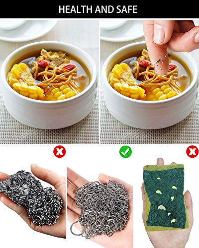 ONEEKK Cast Iron Skillet Cleaner Chainmail,2 Pack Premium Stainless Steel Chain Maille Scrubber for Cast Iron Pans,Stainle...