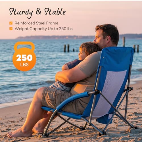 NEWBULIG Low Beach Chair – Folding Camping Chair for Adults, Low Profile Lawn Chair with Cup Holders & Carry Bag, Extra Wi...