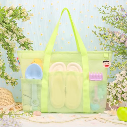 Tagitary Mesh Beach Bag with Zipper Large Beach Tote Waterproof Sandproof with 8 Pockets for Toys Pool Bag Beach Accessories